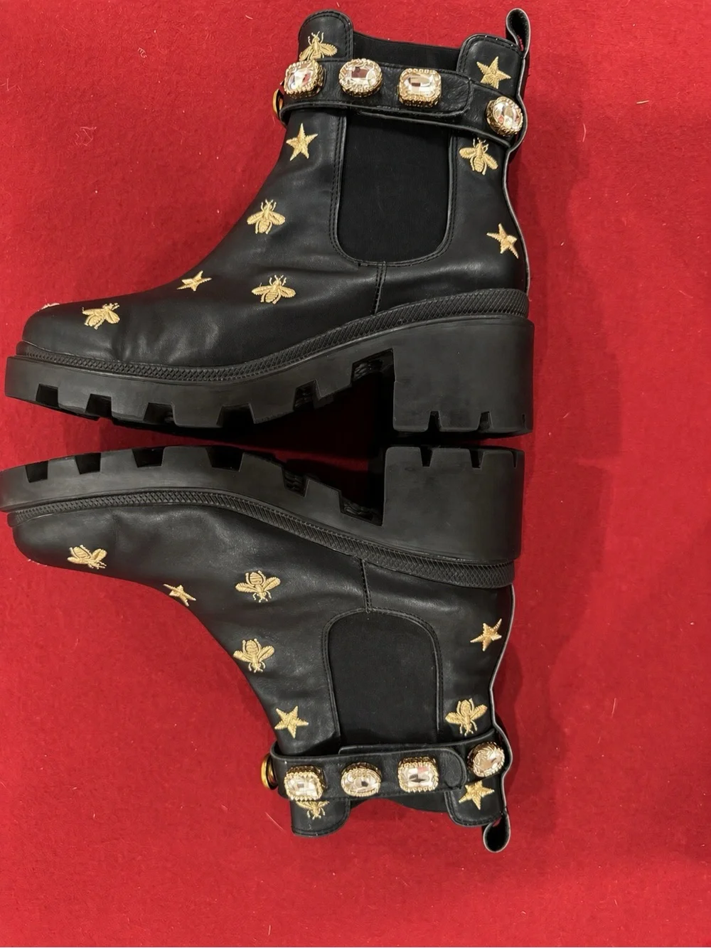GUCCI *Authentic*  Stars and Bee Embroidered Leather Ankle Boots with Belt